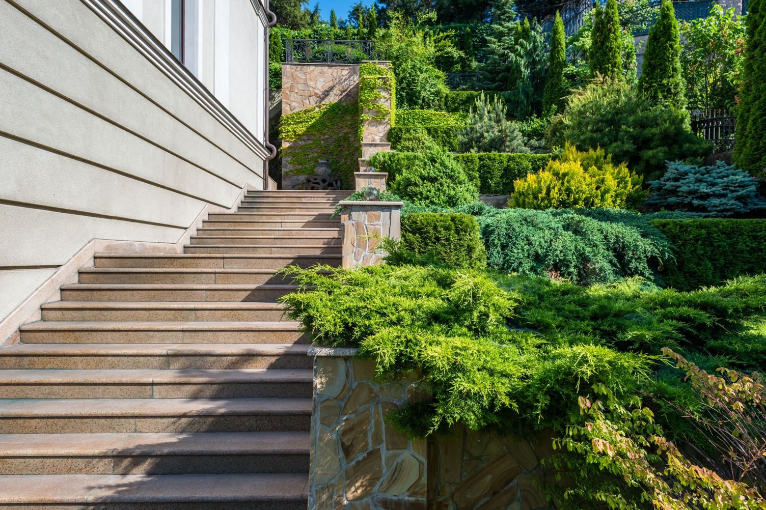 Terraced stone retaining walls and steps winding up a landscaped hillside garden